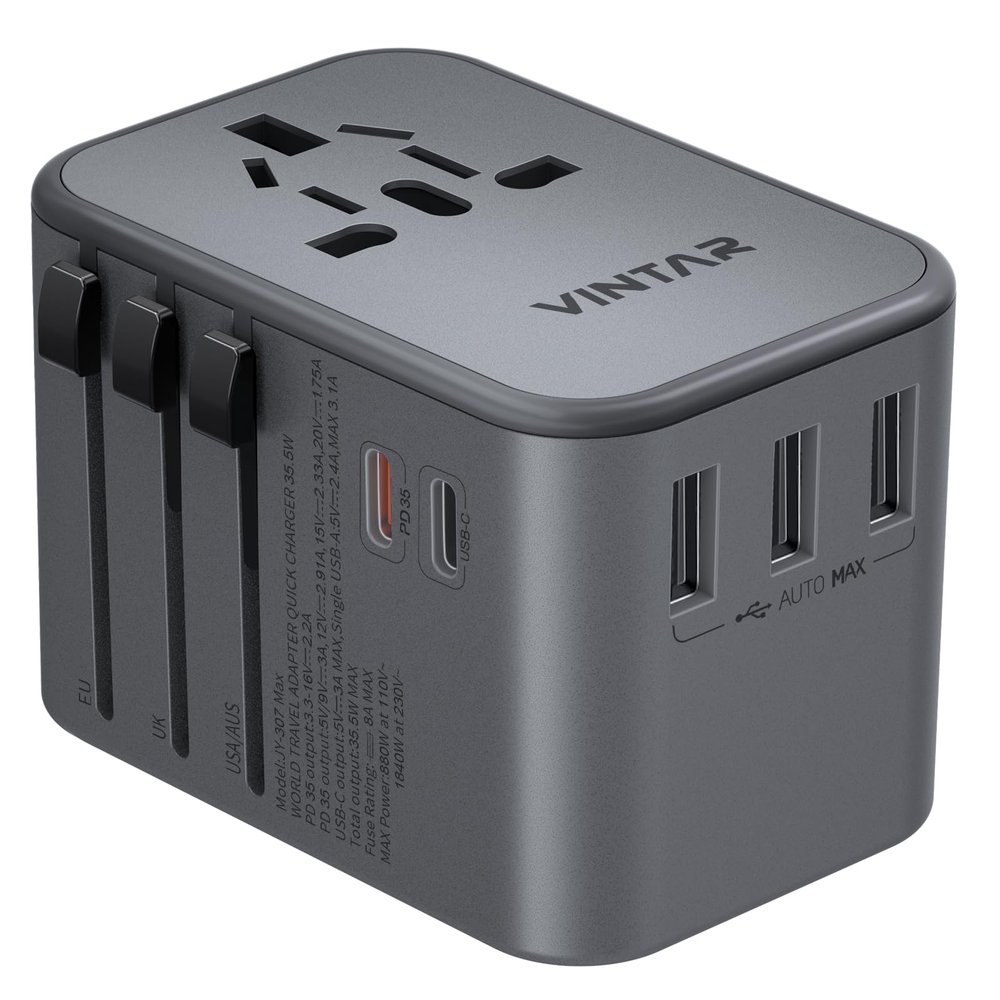 Universal Travel Adapter, VINTAR 35.5W International Power Adapter with 3 USB A QC and 2 USB C PD, All in One Plug Adapter Worldwide Travel Essentials for EU/UK/USA/AUS(Type C/G/A/I), Silver