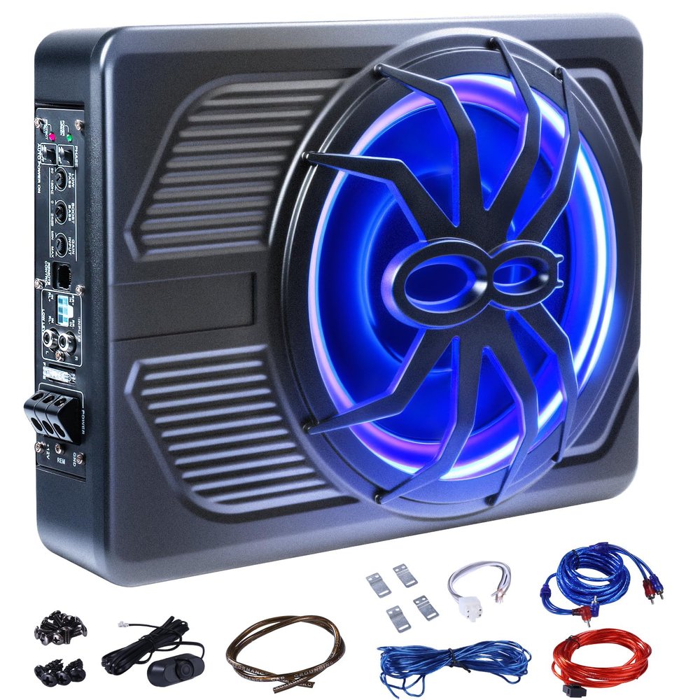 Andeman 1000W Car Subwoofer, 10'' Slim Under Seat Powered Car Subwoofer w/Built-in Amplifier & Hi/Lo Input, Bass Speaker Subwoofer with Blue LED Light, Individual Control, for Car/Truck/SUV/Jeep/MPV