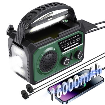 16000mAh Emergency Weather Radio, AM/FM/NOAA Weather Alert Radio Hand Crank/Solar/Type-C Fast Rechargeable Outdoor Radio with Reading Lamp/SOS Alarm/3 Mode Flashlight/Power Bank(Green)