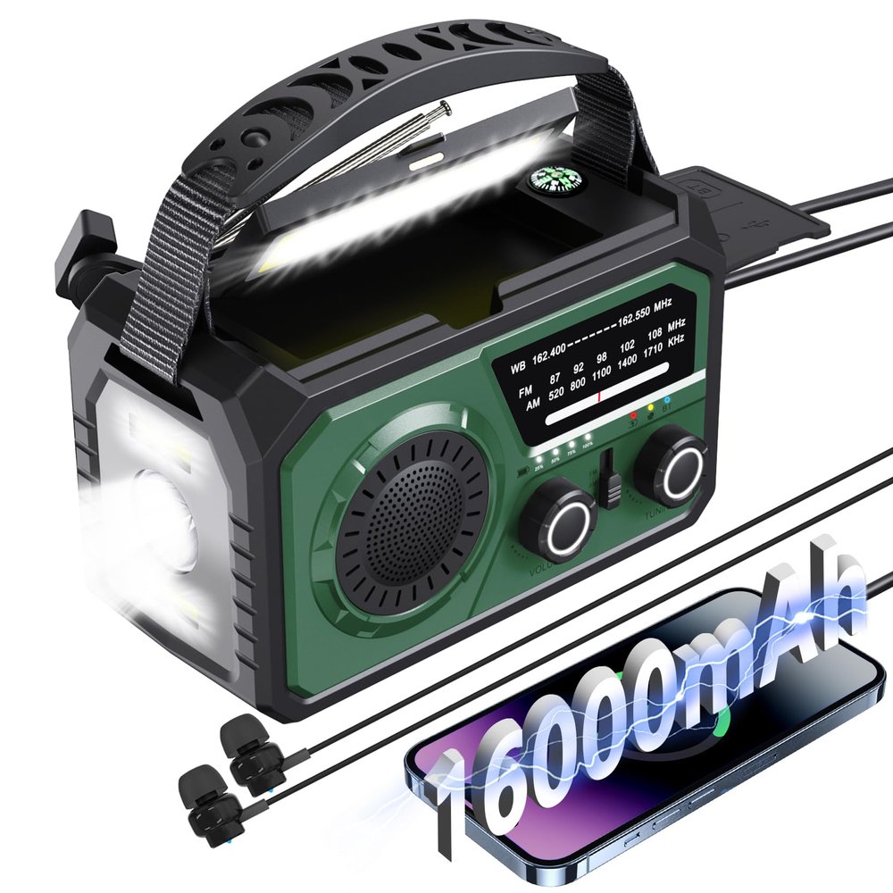 16000mAh Emergency Weather Radio, AM/FM/NOAA Weather Alert Radio Hand Crank/Solar/Type-C Fast Rechargeable Outdoor Radio with Reading Lamp/SOS Alarm/3 Mode Flashlight/Power Bank(Green)