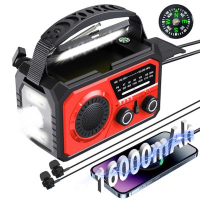 16000mAh Emergency Weather Radio, AM/FM/NOAA Weather Alert Radio Hand Crank/Solar/Type-C Fast Rechargeable Outdoor Radio with Reading Lamp/SOS Alarm/3 Mode Flashlight/Power Bank (Red)