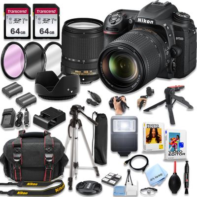 Nikon D7500 DSLR Camera Kit with 18-140mm VR Lens + 128GB Memory, Spare Battery, Filters,Case, Tripod, Flash, and More (39pc Bundle), Black (Renewed)