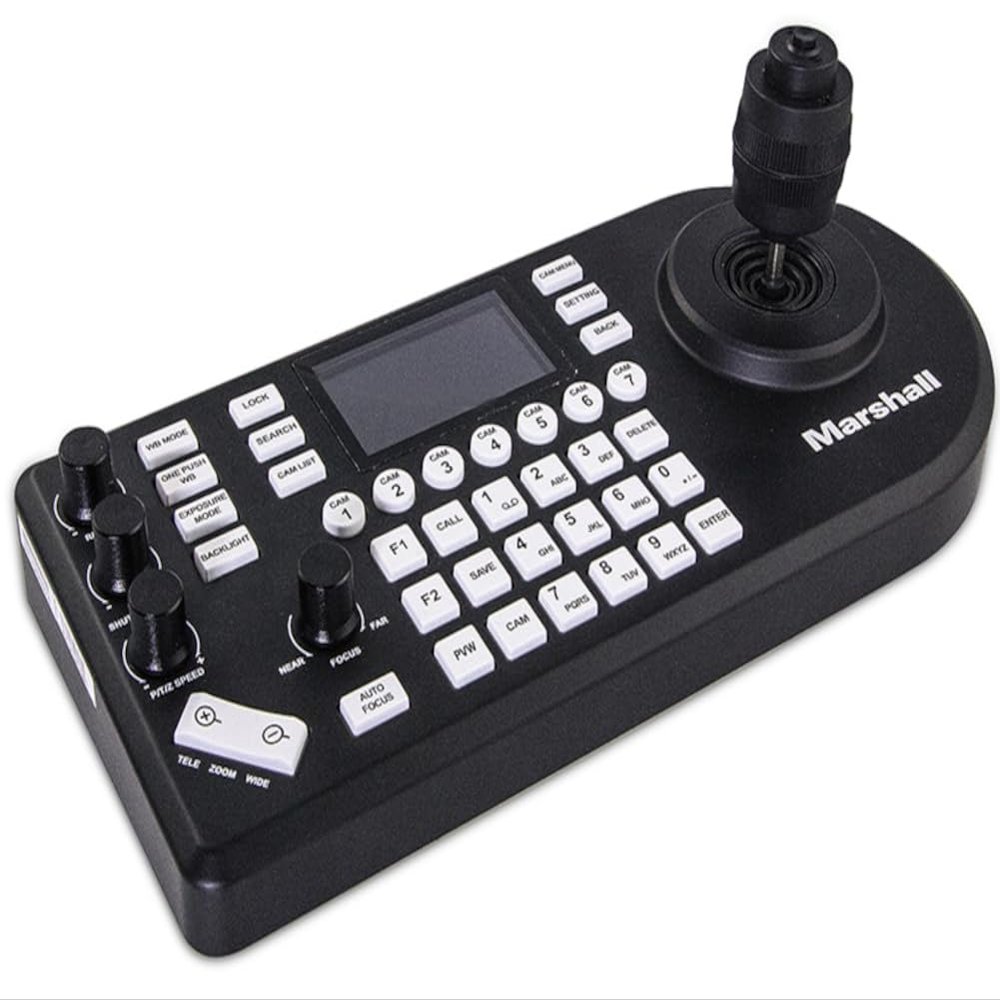 DirectNine Basics Marshall Electronics VS-PTC-300 Pro PTZ Controller Joystick; Supports NDI, IP, VISCA; Up to 255 cameras via NDI/IP, 7 via RS232, 14 via RS422