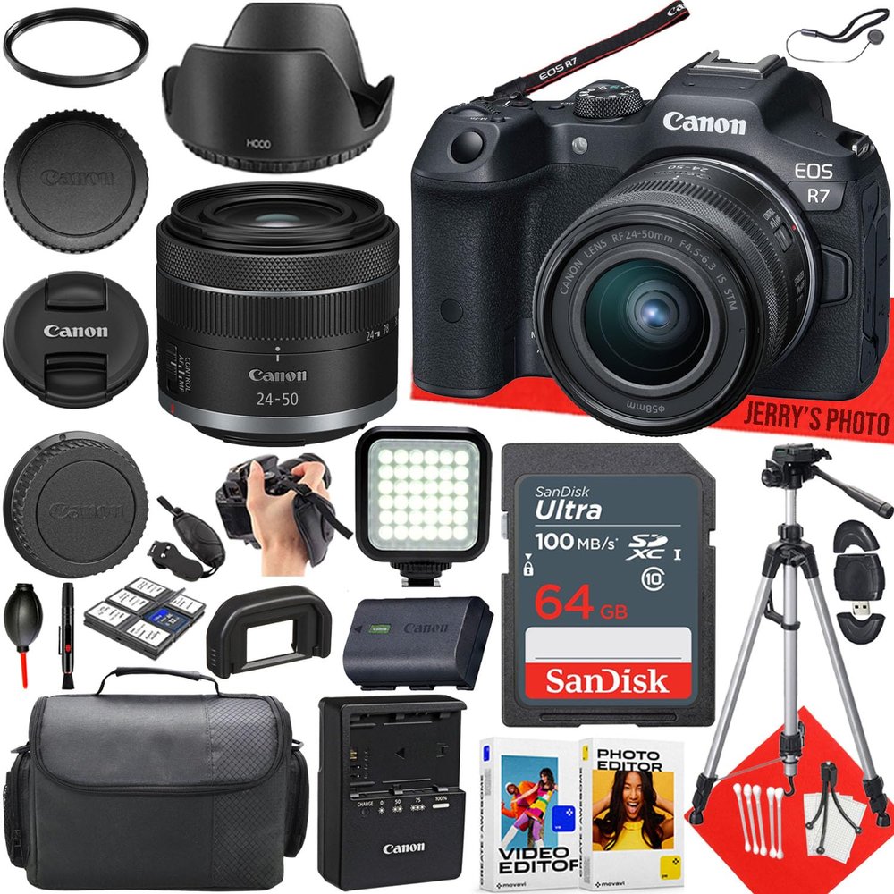 Canon EOS R7 Mirrorless Camera with Canon RF 24-50mm f/4.5-6.3 IS STM Lens + 64 GB Memory + LED Light + Camera Case + Hood + Tripod + More (23pc Bundle) (Renewed)