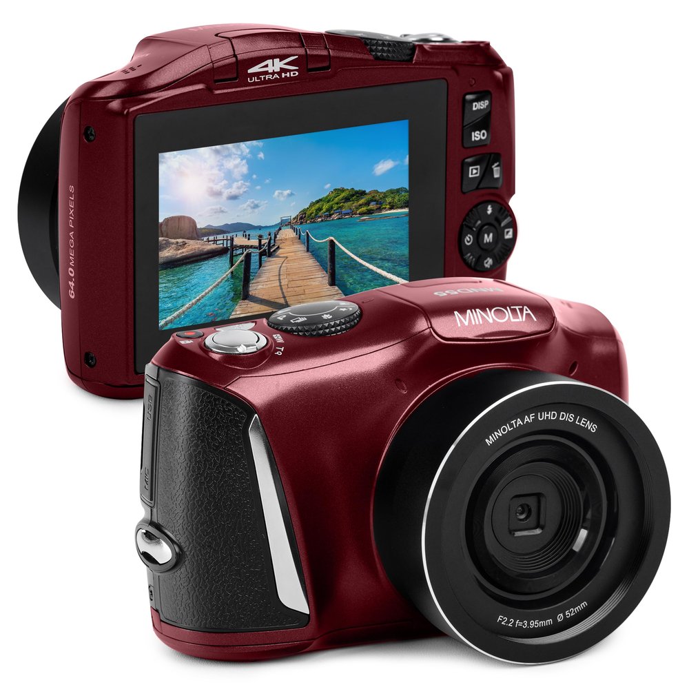 Minolta 64MP Digital Camera  4K Ultra HD Video at 60FPS, 16x Digital Zoom, WiFi, CMOS Sensor, 3-inch LCD Display, Auto Exposure - Includes 32GB Memory Card, Rechargeable Battery (Red)