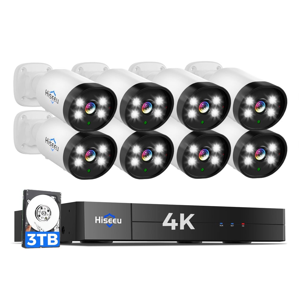 Hiseeu 4K Wired Security Camera System with Audio,Smart Color Night Vision,3TB Hard Drive,AI Human/Vehicle Detection,8PCS 8MP IP67 Weatherproof Home CCTV Cameras,Indoor/Outdoor Surveillance DVR Kit