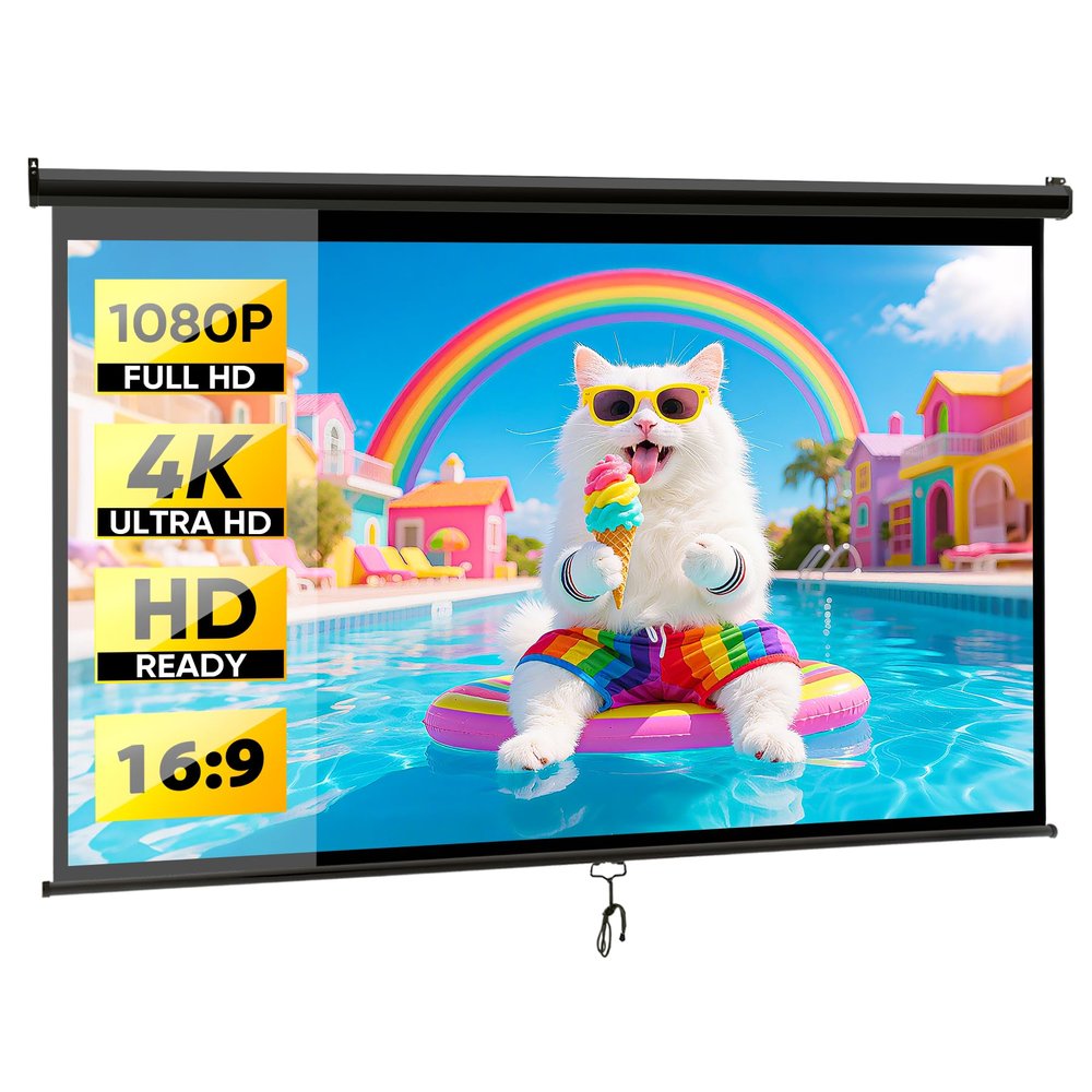 Epetlover 100 Inch 16:9 HD Projection Screen Manual Pull Down Indoor Outdoor Movie Screen, Wrinkle-Free Portable Projector Screen for Home Cinema Office Classroom, Black