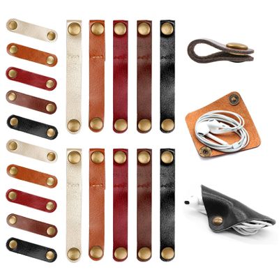 Maveek Genuine Leather Cable Ties - Cord Organizer & Winder, 10 Long + 10 Short Ties + 2 Square Cord Holders