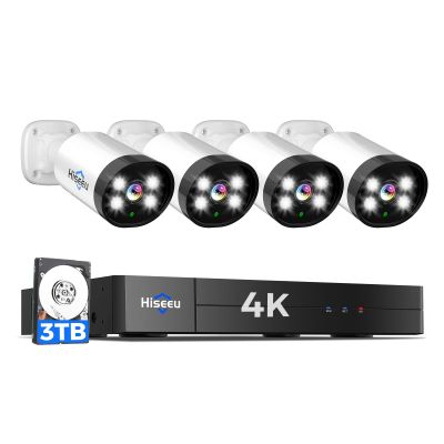 Hiseeu 4K Wired Security Camera System Outdoor with Audio,Smart Dual Light,AI Human/Vehicle Detection,3TB HDD,4K Surveillance DVR Kit 8CH,4X8MP Home CCTV Cameras,Smart Playback,100ft Night Vision