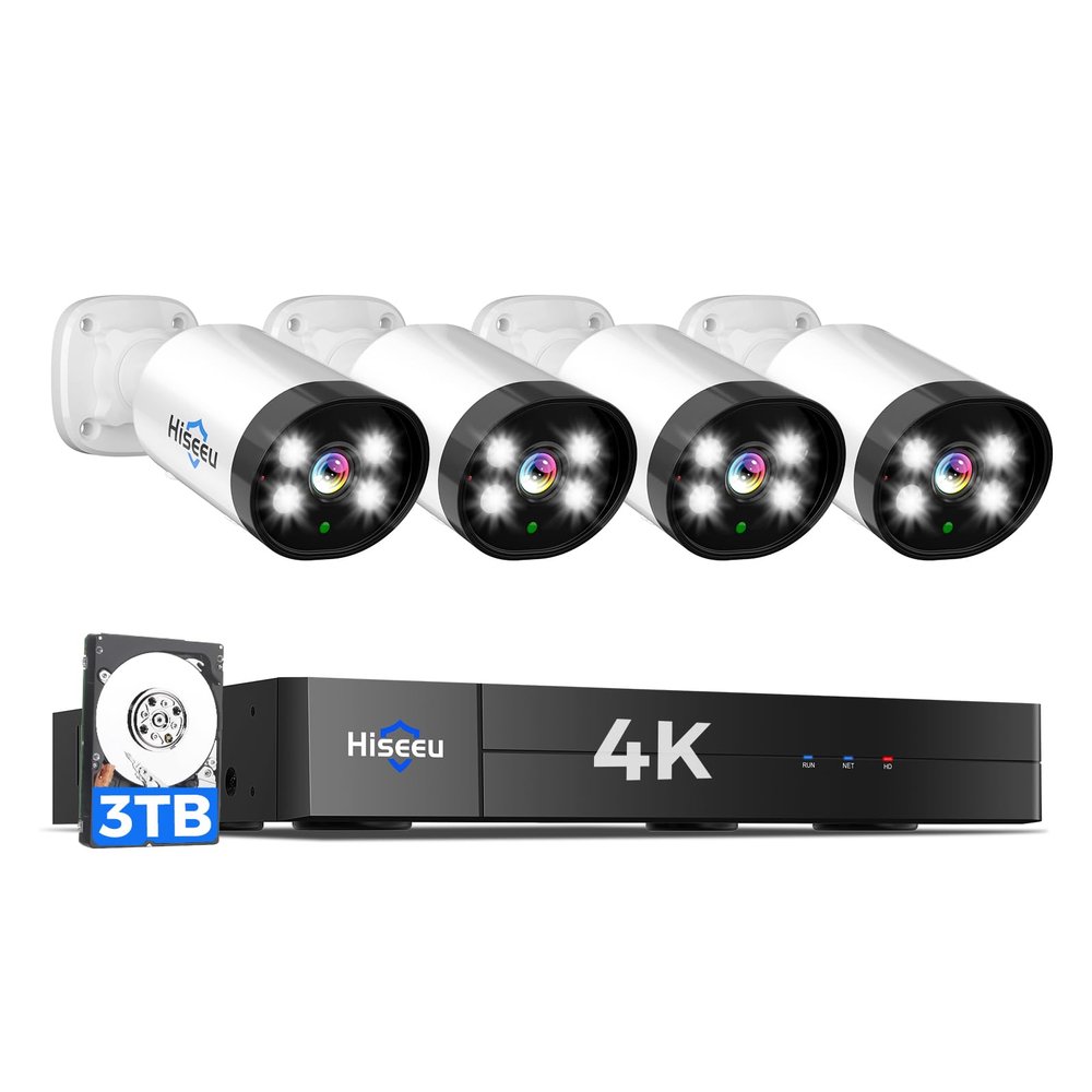 Hiseeu 4K Wired Security Camera System Outdoor with Audio,Smart Dual Light,AI Human/Vehicle Detection,3TB HDD,4K Surveillance DVR Kit 8CH,4X8MP Home CCTV Cameras,Smart Playback,100ft Night Vision