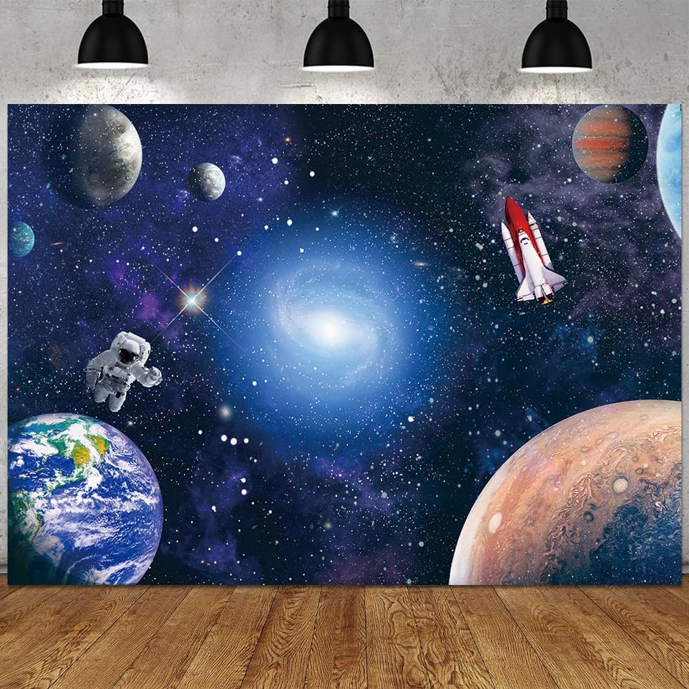 10x8 FT Outer Space Themed Party Decor Photography Backdrop Astronaut Birthday Decorations Earth Planet Galaxy Rocket Decorations Children Boys Happy Birthday Party Cake Table Decoration