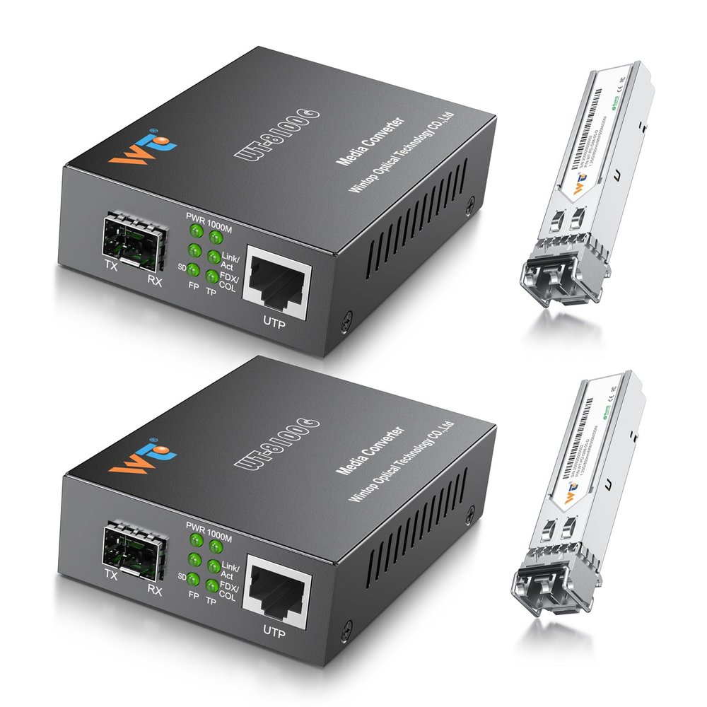 2 Pack Fiber Ethernet Media Converter, WTSFOPTC Fiber Optic Transceiver with 2 Pcs 1.25Gbps SFP Transceiver, Gigabit Sfp to RJ45 Media Converter with 1000BASE-SX to LC Modular (MMF,850nm,550m,DDM)