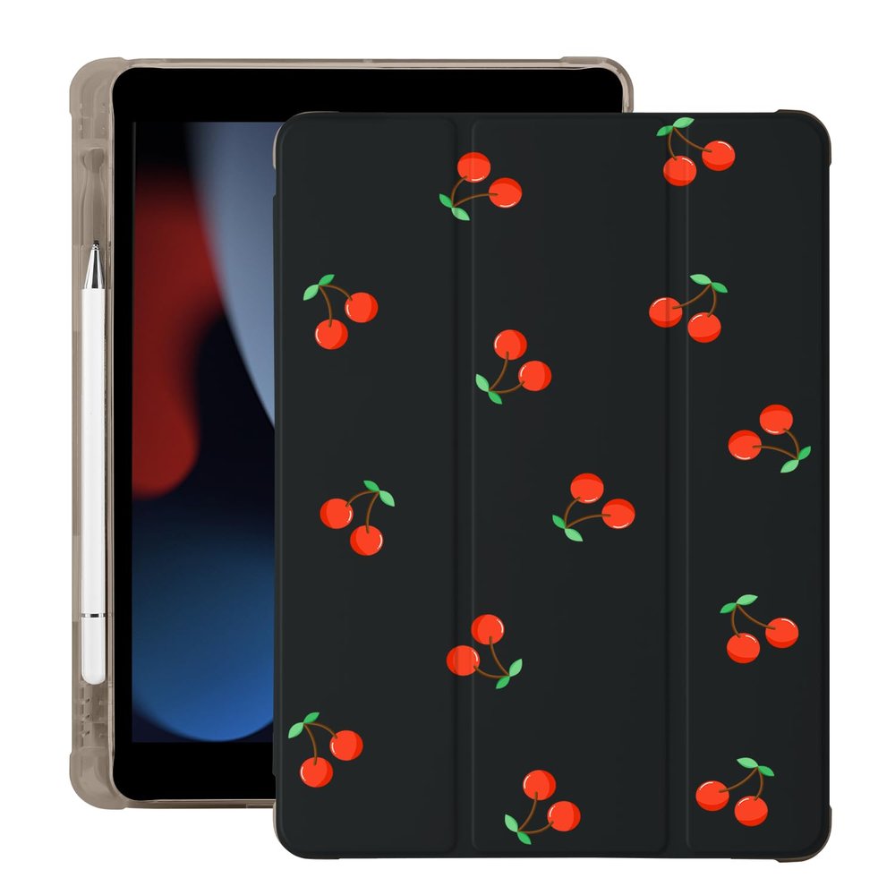 Cute Kawaii Cherry for iPad Pro 13 Inch Case (M5/M4) 2025/2024 with Pencil Holder, Auto Sleep/Wake, Black Leather Soft TPU Back Cover