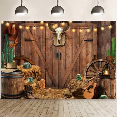 15x10ft Western Cowboy Backdrop Wild West Photography Background Vintage Wooden House Barn Door Banner Haystack Hat Boots Cactus Barrel Decorations Western Rodeo Boys Birthday Party Props