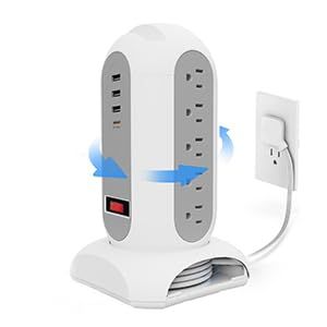 19-in-1 Tower Power Strip Surge Protector with 15 AC Outlets, 3 USB-A 1 USB-C Ports, 5FT Flat Extension Cord, Vertical Charging Station with Dual Phone Holders, Overload Protection for Home Office