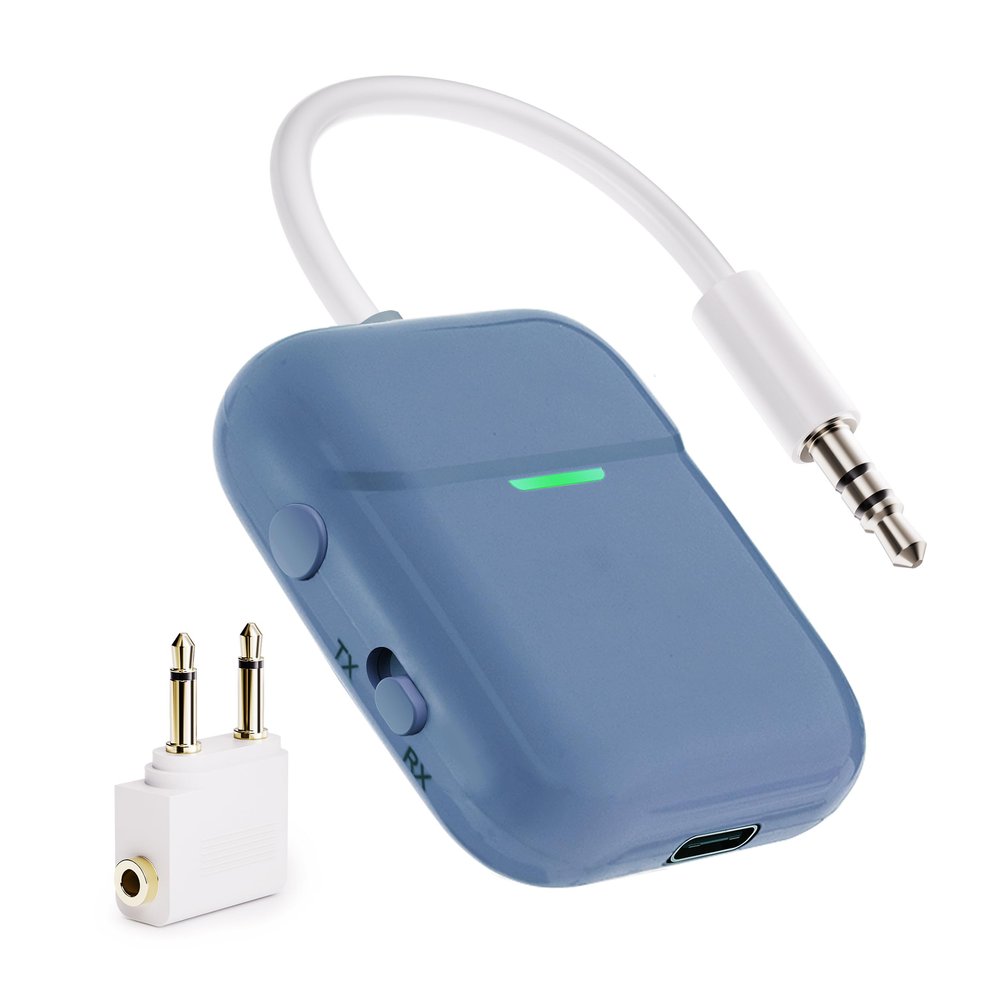 Nulaxy Air in-Flight Bluetooth Wireless Audio Transmitter Receiver for up to 2 AirPods Wireless Headphones, Bluetooth Adapter for All 3.5mm Aux Jacks on Airplanes, Gym Equipment, TVs, Blue