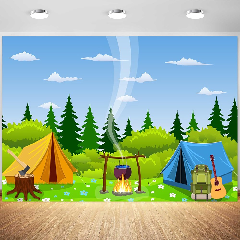10x6.5ft Camping Backdrop Cartoon Forest Camp Tent Bonfire Scene Photography Background Camping Party Decorations Camper Hiking Outdoor Adventure Supplies Photo Studio Props