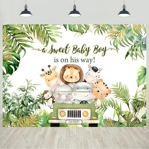 15x8ft Safari Baby Shower Backdrop A Sweet Baby Boy is On His Way Jungle Cartoon Animals Palm Leaves Photography Background Boys Baby Shower Party Decorations Banner Photo Studio Props