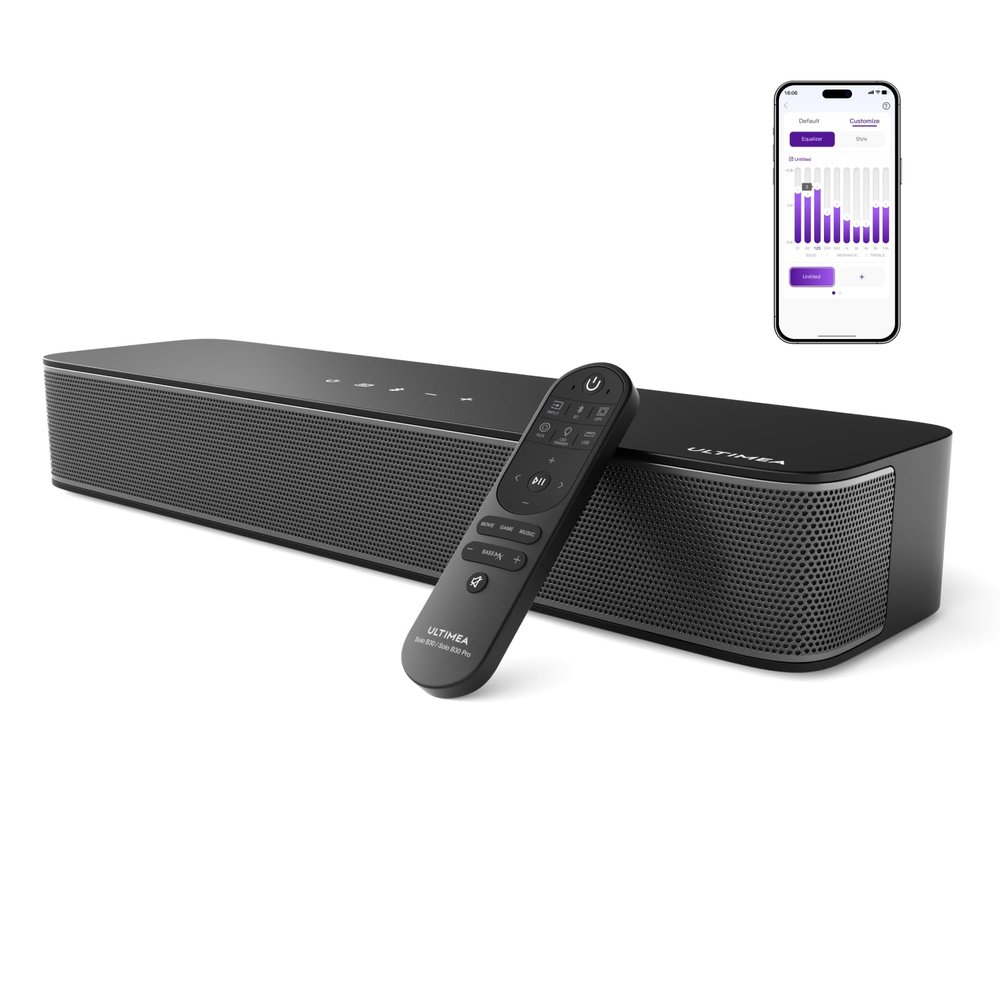 ULTIMEA 2.1ch Compact Sound Bar for TV, Built-in Subwoofer, APP Control, Peak Power 120W, All-in-one PC Sound bar for Game, 16 Inches Bluetooth 5.3 TV Sound Bar, Opt/AUX/Wall Mount, Solo B30 Pro