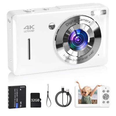 Digital Camera for Kids, FHD 1080P 44MP Point and Shoot Digital Camera with Face Detect, Smile Capture, 18X Zoom, 20 Filters, Anti Shake, 32GB SD Card White Compact Vintage Camera for Kids Boys Girls