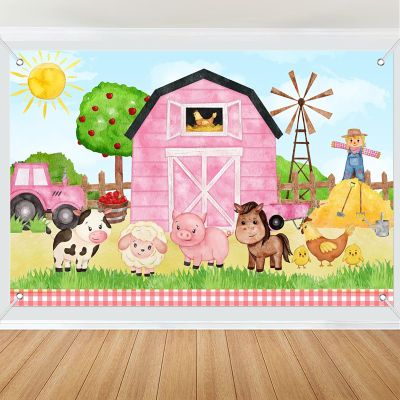 10x6ft Fabric Farm Barn Backdrop Banner Pink Barn Door Farmhouse Truck Animals Theme Girls Birthday Baby Shower Party Cake Table Decoration Western Farm Photography Background