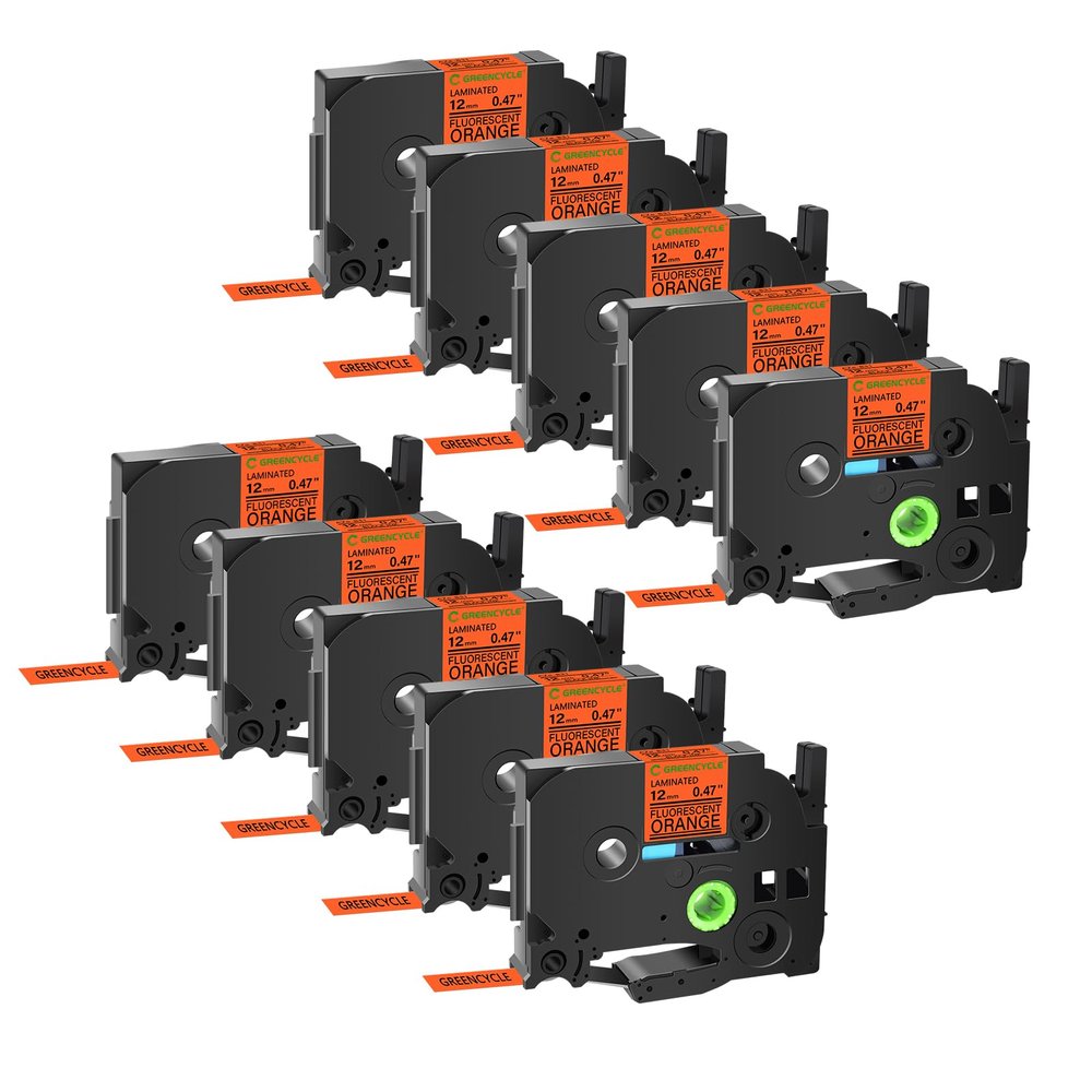 GREENCYCLE 10 Pack Compatible for Ptouch Label Maker Tape TZe-B31 TZ-B31 Black on Fluorescent Orange TZe TZ 12mm 0.47'' Laminated Label Tape for PT-H110 PT-D610BT PT-D410