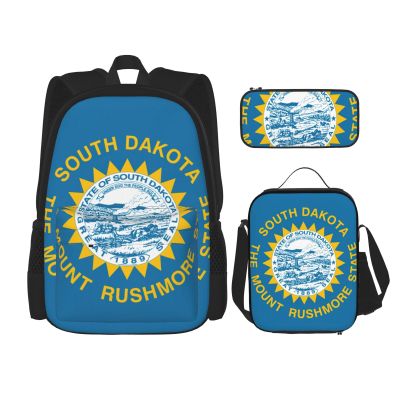 WURTON South Dakota Flag Print 3 In 1 Sets Casual Adjustable Shoulder Backpack Lunch Bag Pencil Case Pouch Box
