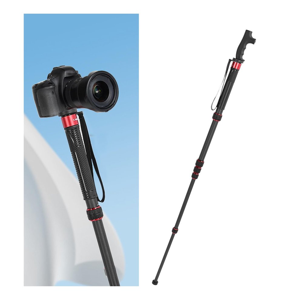 Camera Monopod, Carbon Fiber Extendable Monopod with Walking Stick Head, 6 Section Design, 1/4inch 3/8inch Conversion Screw, 15kg Load Capacity, for DSLR Action Camera