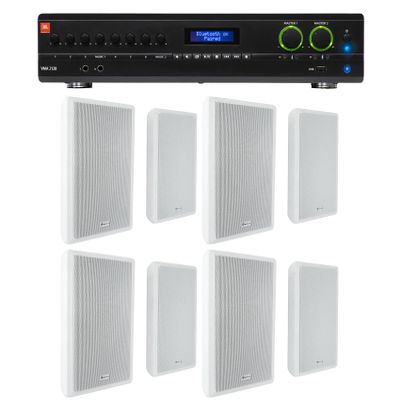 Audiosavings Bundle:(1) JBL VMA1120 Commercial/Restaurant 120W 70v Bluetooth Mixer/Amplifier Bundle with (4) Pair Rockville RockSlim 70W White 5.25" 70v Commercial Restaurant Wall Speakers (6 Items)