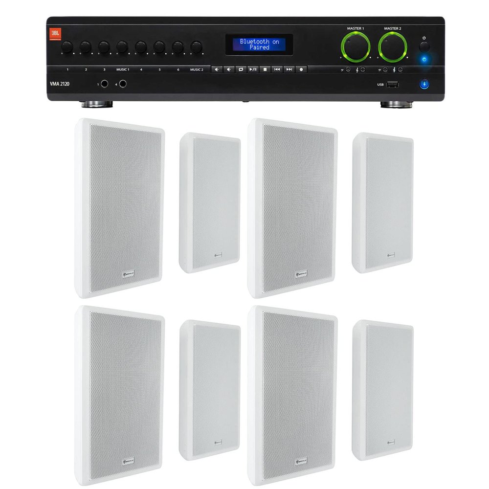 Audiosavings Bundle:(1) JBL VMA1120 Commercial/Restaurant 120W 70v Bluetooth Mixer/Amplifier Bundle with (4) Pair Rockville RockSlim 70W White 5.25" 70v Commercial Restaurant Wall Speakers (6 Items)