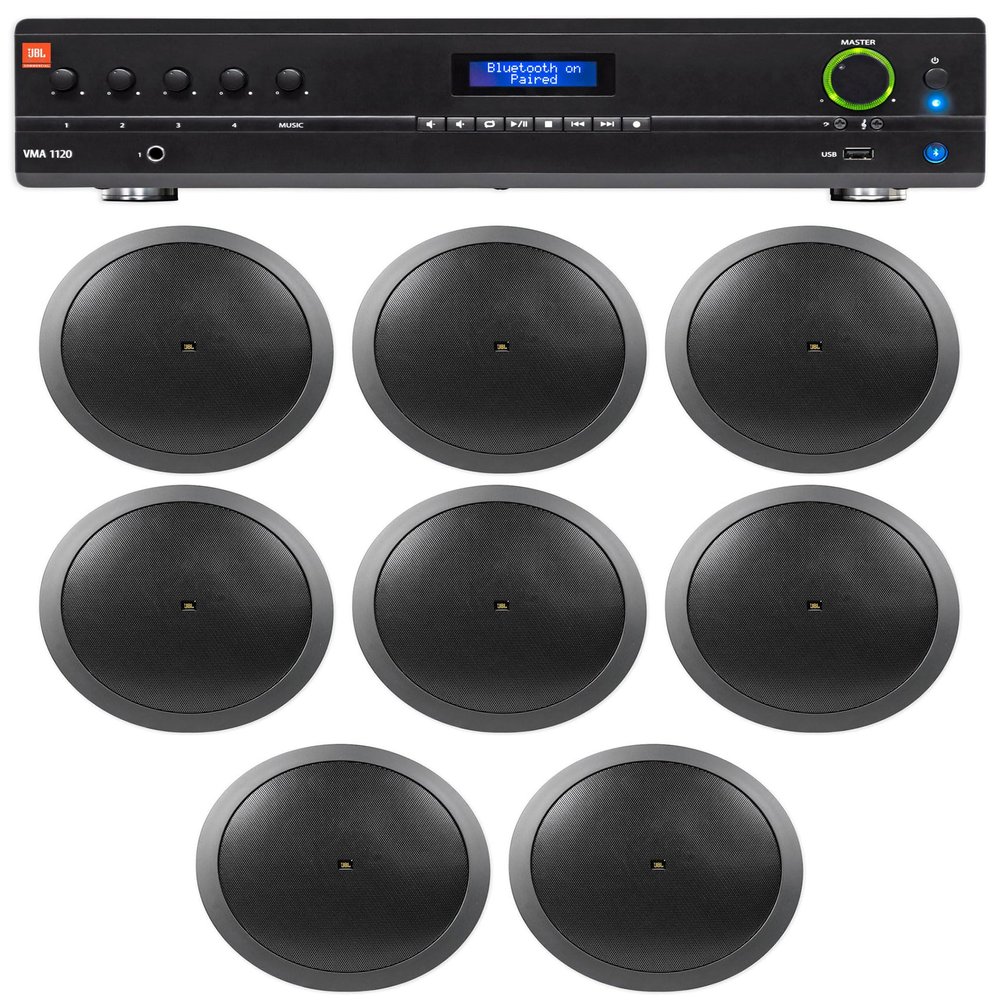 Audiosavings Bundle:(1) JBL VMA1120 Commercial/Restaurant 120W 70v Bluetooth Mixer/Amplifier Bundle with (8) JBL Control 16C/T-BK 6.5" 30w 70v Commercial Ceiling Speakers (9 Items)