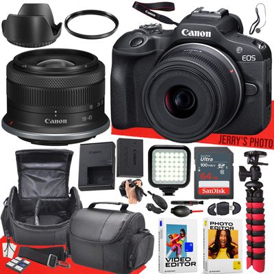 Canon EOS R100 Mirrorless Camera with 18-45mm Lens + 64 GB Memory + LED Light + Camera Case + Hood + Spider Tripod + More (23pc Bundle) (Renewed)