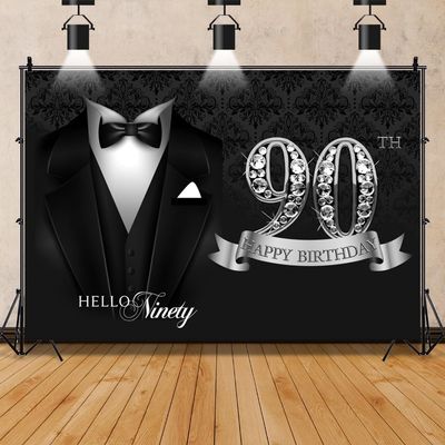 10x8ft Men 90th Happy Birthday Backdrop Tuxedo Necktie Suit Birthday Photography Background Platinum Sign Ninety Happy Birthday Party Banner Decoration Father Gentleman Portrait Shoot Studio Props