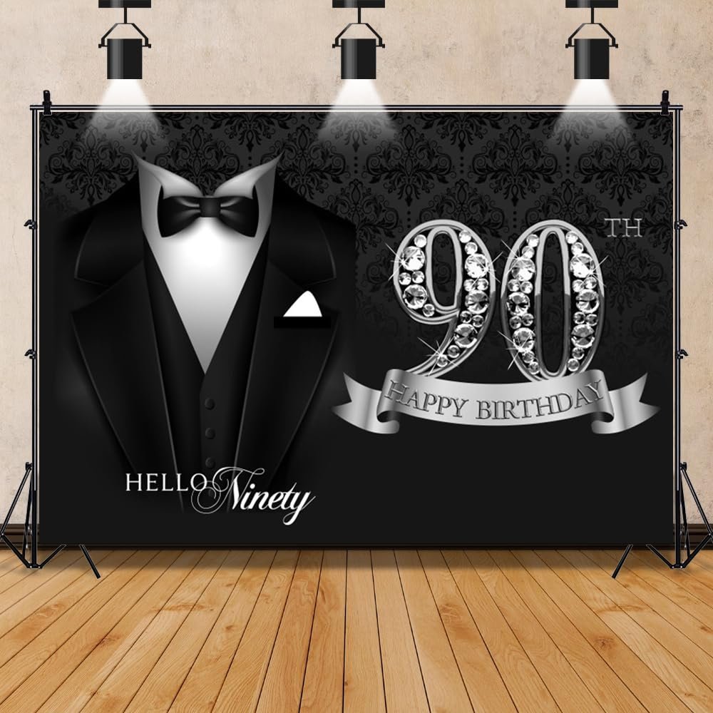 10x8ft Men 90th Happy Birthday Backdrop Tuxedo Necktie Suit Birthday Photography Background Platinum Sign Ninety Happy Birthday Party Banner Decoration Father Gentleman Portrait Shoot Studio Props