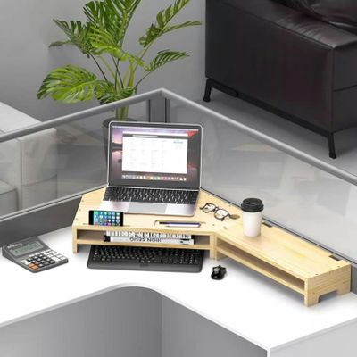 LGEOELIAS Corner Monitor Stand Large Monitor Desktop Shelf for 2 Monitors, 2 Tiers Corner Computer Stand with Phone Holder, Solid Wood Laptop Desk Riser with Storage