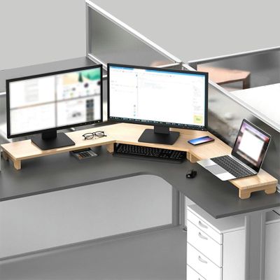 LGEOELIAS Corner Monitor Stand Office Laptop Risers for 3 Monitors, Ergonomic Corner Storage Rack Solid Wood, Living Room Classroom Triangle Computer Stand for Saving Space, Natural