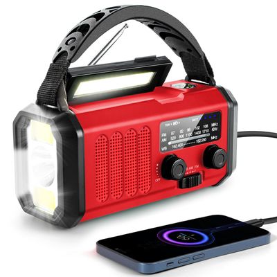 10000mAh Emergency Crank Radio, NOAA/AM/FM Weather Radio, Type-C Charge,Solar Charging,SOS, 3 Modes LED Torch, Reading Lamp, Compass for Outdoor Survival (Red)