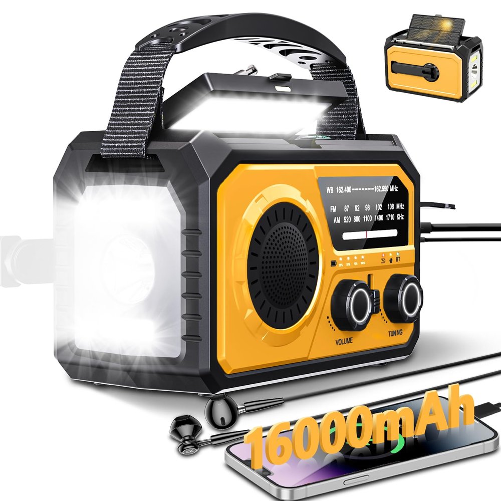 59200mWh Emergency Radio - 16000mAh Portable Solar Hand Crank NOAA/AM/FM Weather Radio with Battery Powered & USB Charger,SOS Alarm,Flashlight, Reading Lamp for Outdoor Camping,Storm,Survival Kits