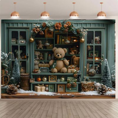 7x5ft Christmas Backdrop Photography Green Christmas Shop Bear Gifts Baby Shower Christmas Tree Background Party Banner Decoration Studio