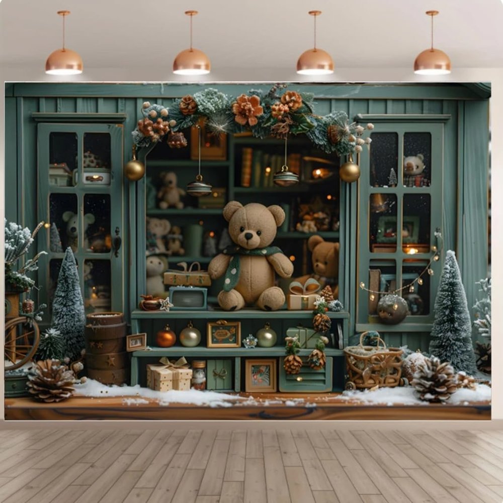 7x5ft Christmas Backdrop Photography Green Christmas Shop Bear Gifts Baby Shower Christmas Tree Background Party Banner Decoration Studio