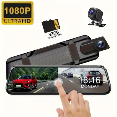 DirectNine Basics 1080P Dual-Lens Dash Cam: Smart touch HD rearview mirror and waterproof reversing camera for clear road vision. with 32GB memory card