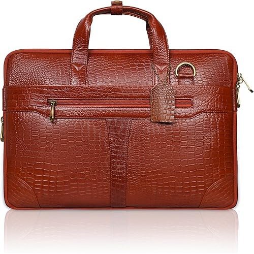 Abgrow Croco Leather Laptop Briefcase for Men,Waterproof Travel Messenger Bag with Adjustable Strap for Office & College (Tan)