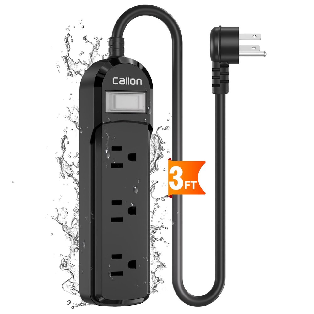Black Outdoor Power Strip Weatherproof,3 FT Short Waterproof Extension Cord,Surge Protector with 3 Wide Outlets, 16AWG,1875W/15Amps, Shockproof Outlet Extender for Kitchen,Patio,Garden Lighting