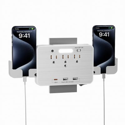 6-in-1 Outlet Extender with Surge Protector (900J), 3 AC Outlets & 3 USB Ports (USB-C), Smart Night Light and Retractable Phone Holder, 1875W Wall Mount Plug for Home, Office, Dorm