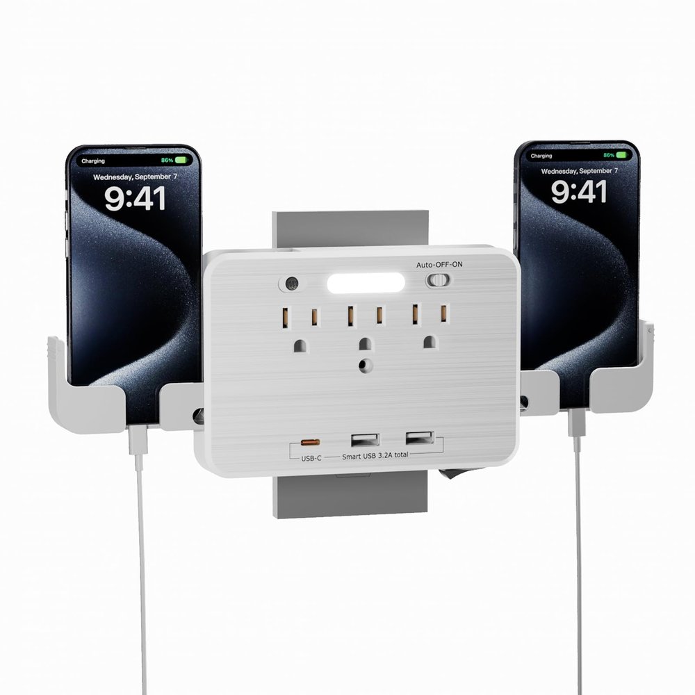 6-in-1 Outlet Extender with Surge Protector (900J), 3 AC Outlets & 3 USB Ports (USB-C), Smart Night Light and Retractable Phone Holder, 1875W Wall Mount Plug for Home, Office, Dorm