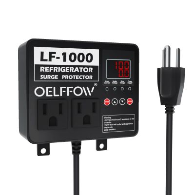 OELFFOW Refrigerator Surge Protector, Time Delay and Real-time Display, Voltage Protector, 2 Outlet Surge Protector for Home Appliances, with Mounting Screws, Black