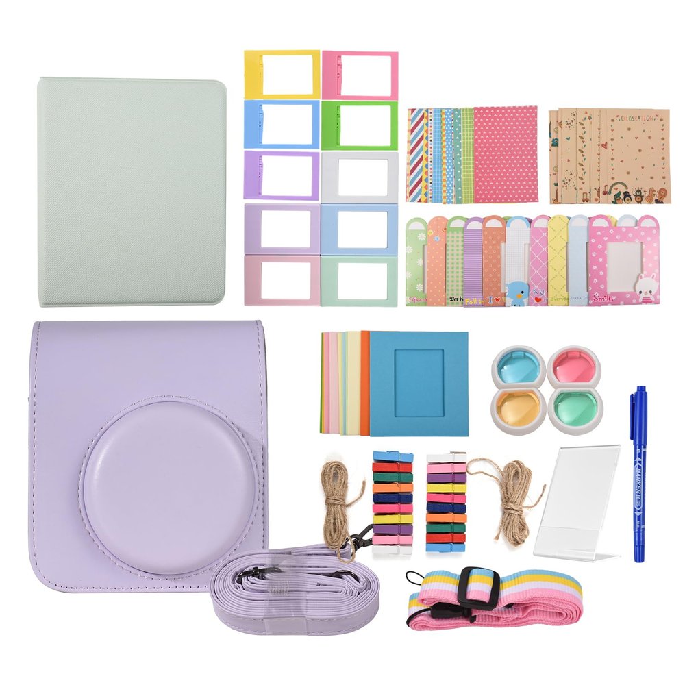 Andoer Instant Camera Accessories Bundle Kit Replacement for Fujifilm instax mini 12 with Camera Bag/Camera Strap/Photo Album/Photo Clips/Photo Frame/Stickers/Pen and More, Purple
