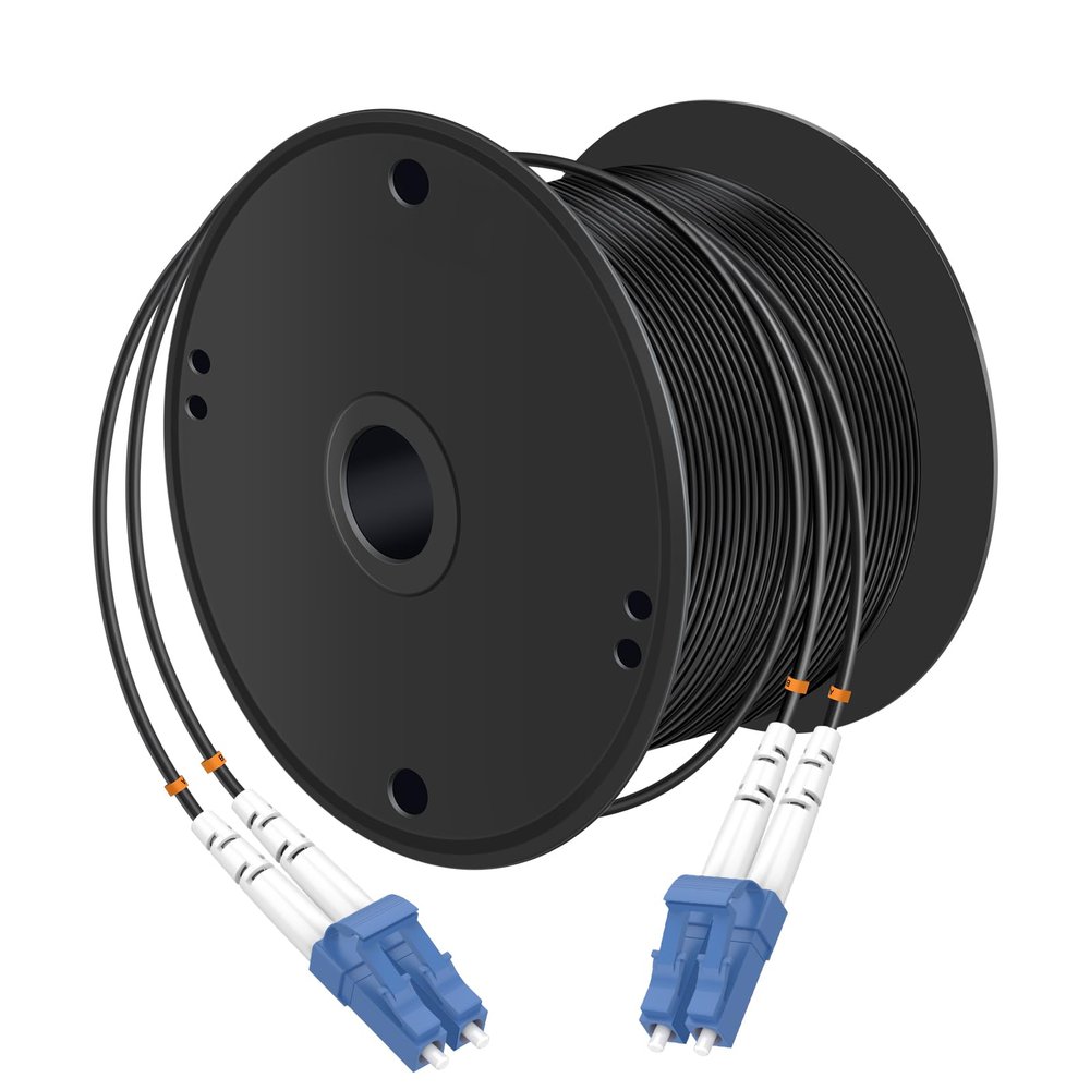 Buacoz 200 Meters LC to LC UPC Outdoor Armored Fiber Patch Cable, 9/125um Single Mode Duplex Fiber Optic Internet Cables, Jumper Optical Patch Cord, (200M/656ft), TPU Black