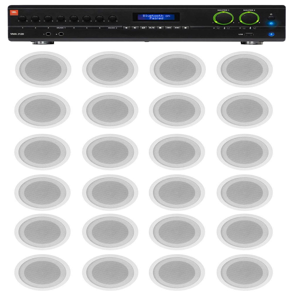 Audiosavings Bundle:(1) JBL VMA1120 Commercial/Restaurant 120W 70v Bluetooth Mixer/Amplifier Bundle with (24) Rockville CCL5T White 70V 5" Commercial Ceiling Speakers 4 Restaurant/Office (25 Items)