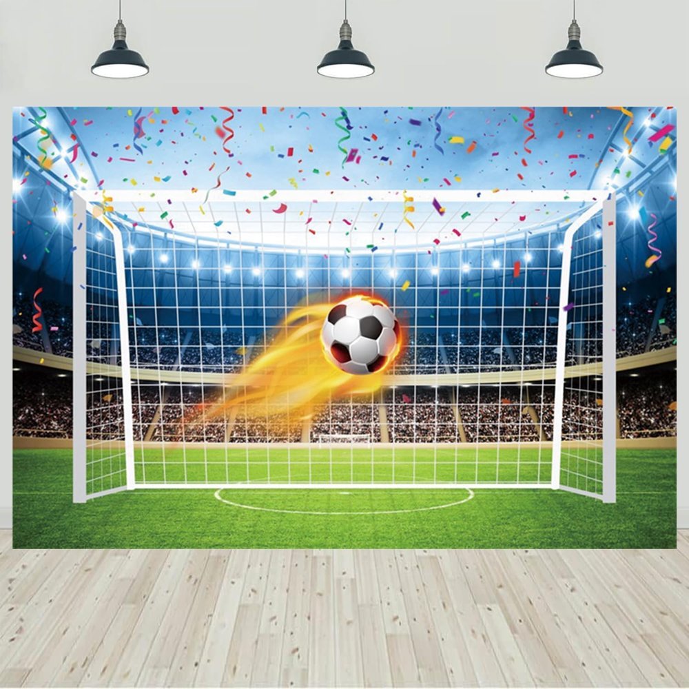 12x8ft Soccer Backdrop Stadium Soccer Pitch Spotlight Audiences Confetti Photography Background Boys Sports Theme Happy Birthday Party Decorations Banner Photo Studio Props